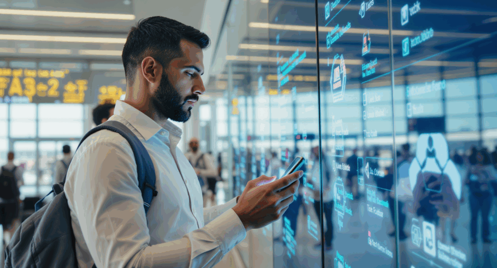 Reconhecimento facial em aeroportos: viajante consultando app de embarque biométrico