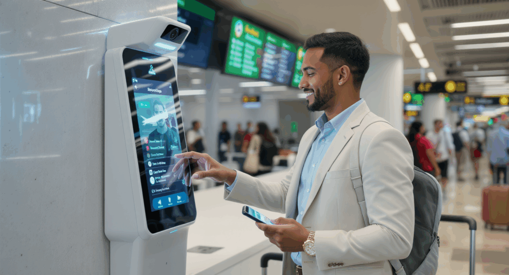 Viajante profissional em check-in biométrico de aeroporto brasileiro, usando reconhecimento facial para embarque digital com smartphone - tecnologia de biometria em aeroportos