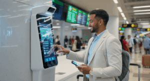 Viajante profissional em check-in biométrico de aeroporto brasileiro, usando reconhecimento facial para embarque digital com smartphone - tecnologia de biometria em aeroportos