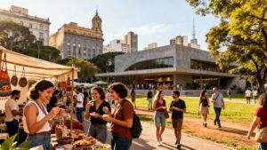 Cena urbana vibrante de São Paulo mostrando pessoas de diferentes idades explorando a cidade em fim de semana de dezembro: mulher e homem em primeiro plano degustando produtos em feira gastronômica com produtos artesanais coloridos, casal ao fundo caminhando em rua histórica do Centro, edifícios arquitetônicos paulistanos ao fundo, luz natural dourada de fim de semana, atmosfera de descoberta e liberdade, representando a diversidade de atrações culturais, teatrais e gastronômicas disponíveis em São Paulo.