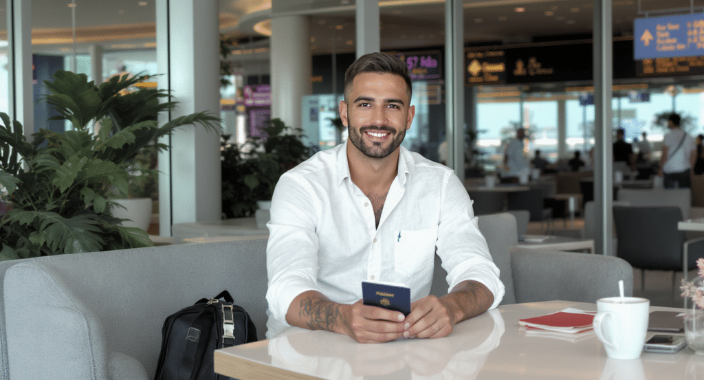 Promoção Livelo e Azul Fidelidade. Homem em um café de aeroporto sorrindo com passaporte na mão.
