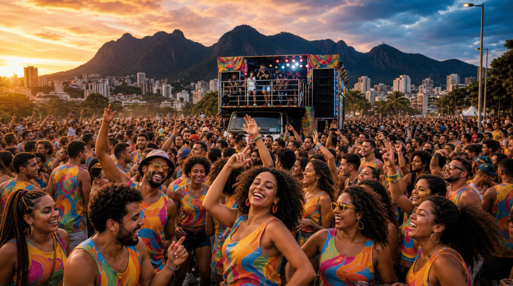 Pessoas dançam com abadás coloridos centralizadas em primeiro plano em micareta em Belo Horizonte, com trio elétrico e Serra do Curral ao fundo ao entardecer.