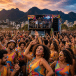 Pessoas dançam com abadás coloridos centralizadas em primeiro plano em micareta em Belo Horizonte, com trio elétrico e Serra do Curral ao fundo ao entardecer.