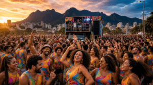 Pessoas dançam com abadás coloridos centralizadas em primeiro plano em micareta em Belo Horizonte, com trio elétrico e Serra do Curral ao fundo ao entardecer.