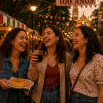 Três amigas rindo com fogazza e vinho na mão em primeiro plano central na 100ª Festa da Achiropita no Bixiga, com casal ao fundo à direita, bandeirinas italianas e faixada "100 ANOS" ao fundo.