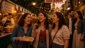 Três amigas rindo com fogazza e vinho na mão em primeiro plano central na 100ª Festa da Achiropita no Bixiga, com casal ao fundo à direita, bandeirinas italianas e faixada "100 ANOS" ao fundo.