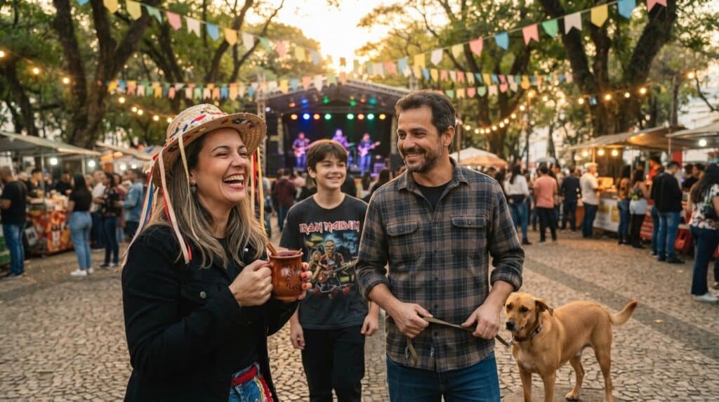 Pessoas em festa julina em praça arborizada de Belo Horizonte ao fim de tarde, com bandeirinhas, palco iluminado e cachorro na coleira.