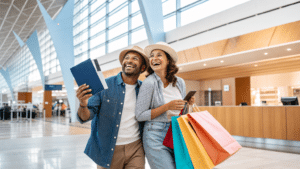 Casal sorrindo com sacolas de compras no aeroporto de Belo Horizonte (BH Airport)