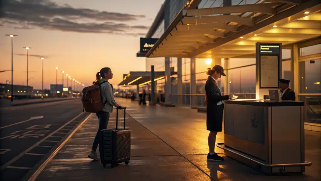Passageira entrega mala em balcão curbside da United ao entardecer no aeroporto O'Hare