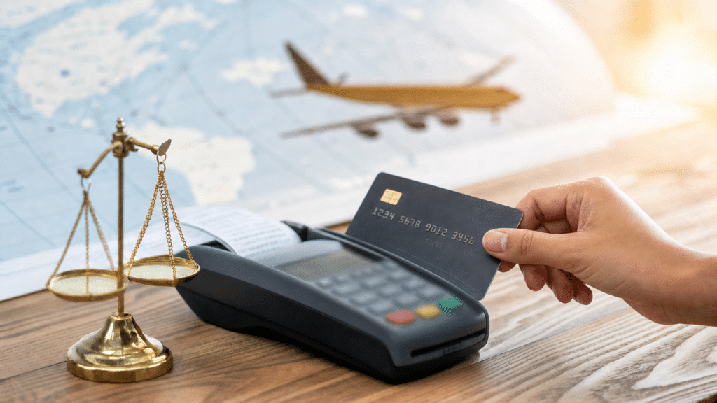 Cartão de crédito sendo passado em maquineta com boletos sobre a mesa, avião e rota dourada ao fundo em dupla exposição
