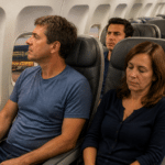 Passageiros em avião comercial estacionado em Confins expressam indignação com a porta fechada enquanto o terminal é visível pela janela ao entardecer