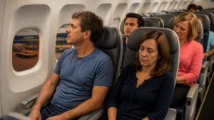 Passageiros em avião comercial estacionado em Confins expressam indignação com a porta fechada enquanto o terminal é visível pela janela ao entardecer