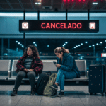 Passageiras aguardam em aeroporto com malas ao lado de painel de voos com status cancelado