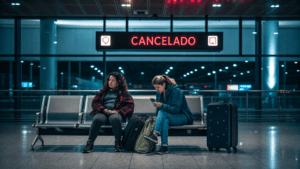 Passageiras aguardam em aeroporto com malas ao lado de painel de voos com status cancelado