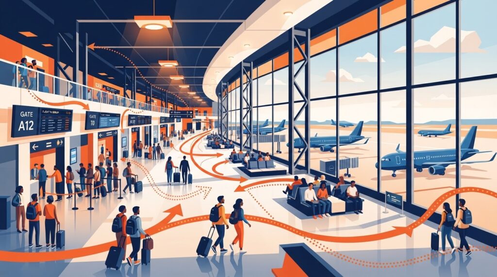 Ilustração estilizada do interior de um aeroporto em perspectiva elevada, com grupos de passageiros, aviões nos portões e linhas fluidas em laranja indicando o movimento de pessoas