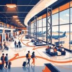 Ilustração estilizada do interior de um aeroporto em perspectiva elevada, com grupos de passageiros, aviões nos portões e linhas fluidas em laranja indicando o movimento de pessoas