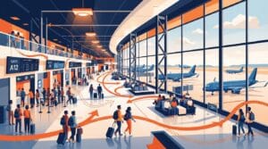 Ilustração estilizada do interior de um aeroporto em perspectiva elevada, com grupos de passageiros, aviões nos portões e linhas fluidas em laranja indicando o movimento de pessoas
