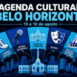 Composição gráfica plana com ícones culturais de Belo Horizonte — microfone, máscara teatral, picadeiro de circo, talheres, tênis e volante — em azul-ciano e azul-real sobre fundo navy, com o título "AGENDA CULTURAL BELO HORIZONTE" e subtítulo "15 e 16 de agosto"