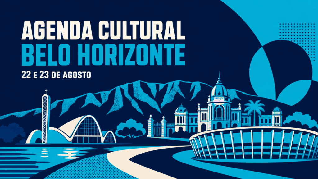Agenda Cultural Belo Horizonte - 22 e 23 de Agosto Peça gráfica da agenda cultural de Belo Horizonte nas cores azul ciano e azul marinho da marca Trota Mundos