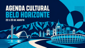 Agenda Cultural Belo Horizonte - 22 e 23 de Agosto Peça gráfica da agenda cultural de Belo Horizonte nas cores azul ciano e azul marinho da marca Trota Mundos