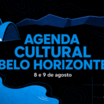 Graphic abstrato horizontal com elementos geométricos de Belo Horizonte e a frase "Agenda Cultural Belo Horizonte" em azul ciano sobre fundo preto, com a data "8 e 9 de agosto" em branco.