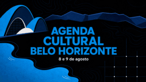 Graphic abstrato horizontal com elementos geométricos de Belo Horizonte e a frase "Agenda Cultural Belo Horizonte" em azul ciano sobre fundo preto, com a data "8 e 9 de agosto" em branco.