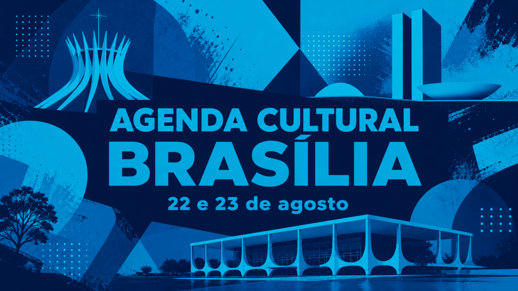Agenda Cultural São Paulo - 22 e 23 de Agosto
"Arte abstrata com silhuetas de ícones de Brasília nas cores oficiais do Trota Mundos (azul ciano/turquesa e azul marinho) e o texto AGENDA CULTURAL BRASÍLIA, 22 e 23 de agosto."