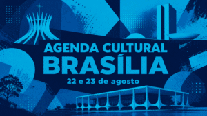 Agenda Cultural São Paulo - 22 e 23 de Agosto "Arte abstrata com silhuetas de ícones de Brasília nas cores oficiais do Trota Mundos (azul ciano/turquesa e azul marinho) e o texto AGENDA CULTURAL BRASÍLIA, 22 e 23 de agosto."