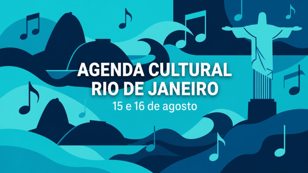 Cartaz gráfico abstrato com silheta estilizada do Pão de Açúcar e notas musicais, em paleta azul ciano e azul marinho do Trota Mundos, com texto "Agenda Cultural Rio de Janeiro, 15 e 16 de agosto".