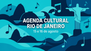 Cartaz gráfico abstrato com silheta estilizada do Pão de Açúcar e notas musicais, em paleta azul ciano e azul marinho do Trota Mundos, com texto "Agenda Cultural Rio de Janeiro, 15 e 16 de agosto".