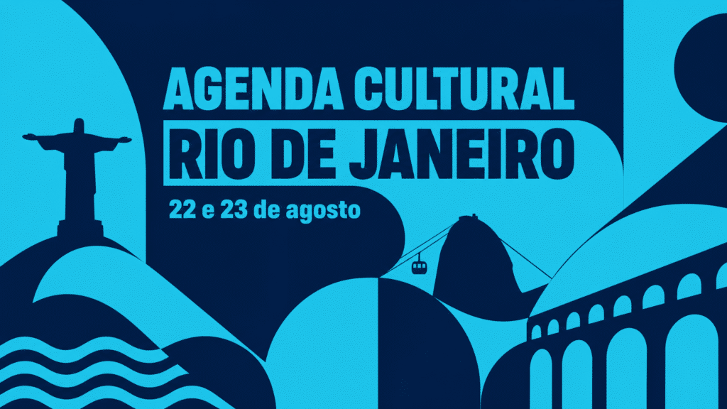 Agenda Cultural Rio de Janeiro - 22 e 23 de Agosto Arte gráfica abstrata nas cores azul ciano e azul marinho da marca Trota Mundos, com silhuetas do Rio de Janeiro e o texto 'AGENDA CULTURAL RIO DE JANEIRO 22 e 23 de agosto