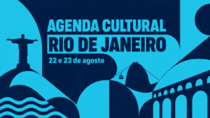 Agenda Cultural Rio de Janeiro - 22 e 23 de Agosto Arte gráfica abstrata nas cores azul ciano e azul marinho da marca Trota Mundos, com silhuetas do Rio de Janeiro e o texto 'AGENDA CULTURAL RIO DE JANEIRO 22 e 23 de agosto