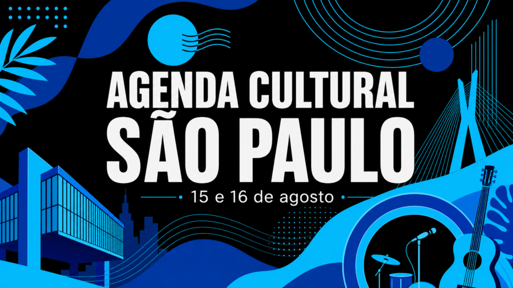 Arte gráfica com o texto AGENDA CULTURAL SÃO PAULO e a data 15 e 16 de agosto, com elementos visuais da cidade em azul e preto da identidade visual do Trota Mundos
