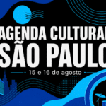 Arte gráfica com o texto AGENDA CULTURAL SÃO PAULO e a data 15 e 16 de agosto, com elementos visuais da cidade em azul e preto da identidade visual do Trota Mundos