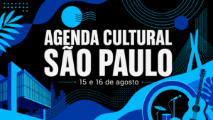Arte gráfica com o texto AGENDA CULTURAL SÃO PAULO e a data 15 e 16 de agosto, com elementos visuais da cidade em azul e preto da identidade visual do Trota Mundos