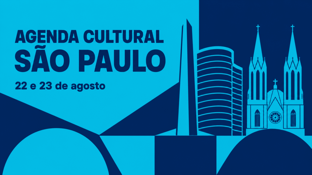 Agenda Cultural São Paulo - 22 e 23 de Agosto Arte abstrata em azul ciano e azul marinho com ícones de São Paulo e o texto "Agenda Cultural São Paulo, 22 e 23 de agosto"