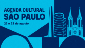 Agenda Cultural São Paulo - 22 e 23 de Agosto Arte abstrata em azul ciano e azul marinho com ícones de São Paulo e o texto "Agenda Cultural São Paulo, 22 e 23 de agosto"