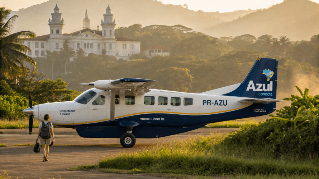 Aeronave da Azul Conecta em pista regional mineira com passageira embarcando e arquitetura colonial ao fundo