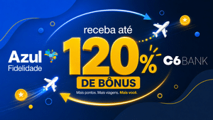 C6 Azul Fidelidade até 120 "Arte gráfica com os logotipos da Azul e do C6 Bank, seta de transferência de pontos e destaque de até 120% de bônus"