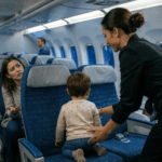 Criança pequena ajoelhada de costas no assento sem cinto em cabine noturna iluminada, comissária tenta ajudar, passageiros observam