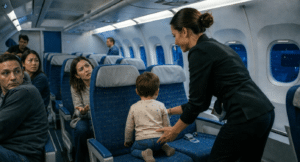 Criança pequena ajoelhada de costas no assento sem cinto em cabine noturna iluminada, comissária tenta ajudar, passageiros observam