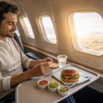 Passageiro monta smash burger com queijo raclette em bandeja da classe executiva da British Airways, com janela de avião ao fundo.