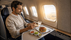 Passageiro monta smash burger com queijo raclette em bandeja da classe executiva da British Airways, com janela de avião ao fundo.