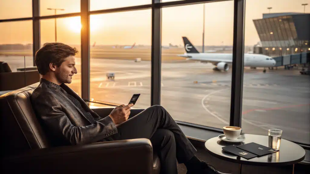 Viajante lendo notícia no smartphone dentro de sala VIP de aeroporto premium, com cartão preto sobre a mesinha e vista para a pista.