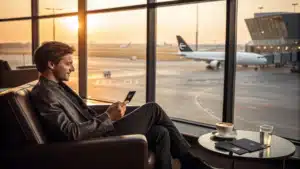 Viajante lendo notícia no smartphone dentro de sala VIP de aeroporto premium, com cartão preto sobre a mesinha e vista para a pista.