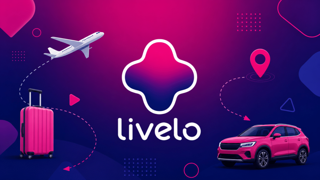 Livelo Especial Viagem com Pontos Arte gráfica com o logotipo da Livelo centralizado e ícones de viagem sobre fundo azul degradê.
