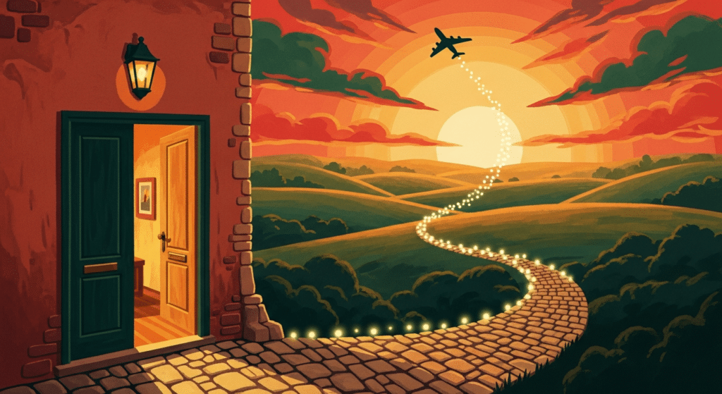 Ilustração estilo pôster de viagem vintage mostrando o caminho de uma hospedagem até o céu, simbolizando o acúmulo de milhas