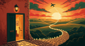 Ilustração estilo pôster de viagem vintage mostrando o caminho de uma hospedagem até o céu, simbolizando o acúmulo de milhas