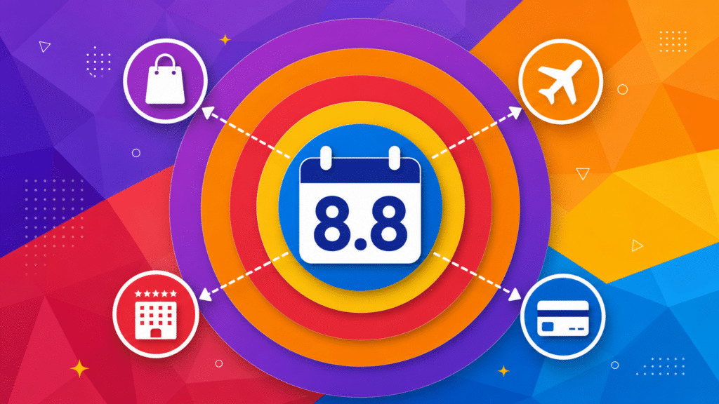 promoção 8.8 milhas Gráfico abstrato com data 8.8 cercada por anéis coloridos representando programas de fidelidade e ícones de compras.