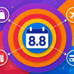 promoção 8.8 milhas Gráfico abstrato com data 8.8 cercada por anéis coloridos representando programas de fidelidade e ícones de compras.